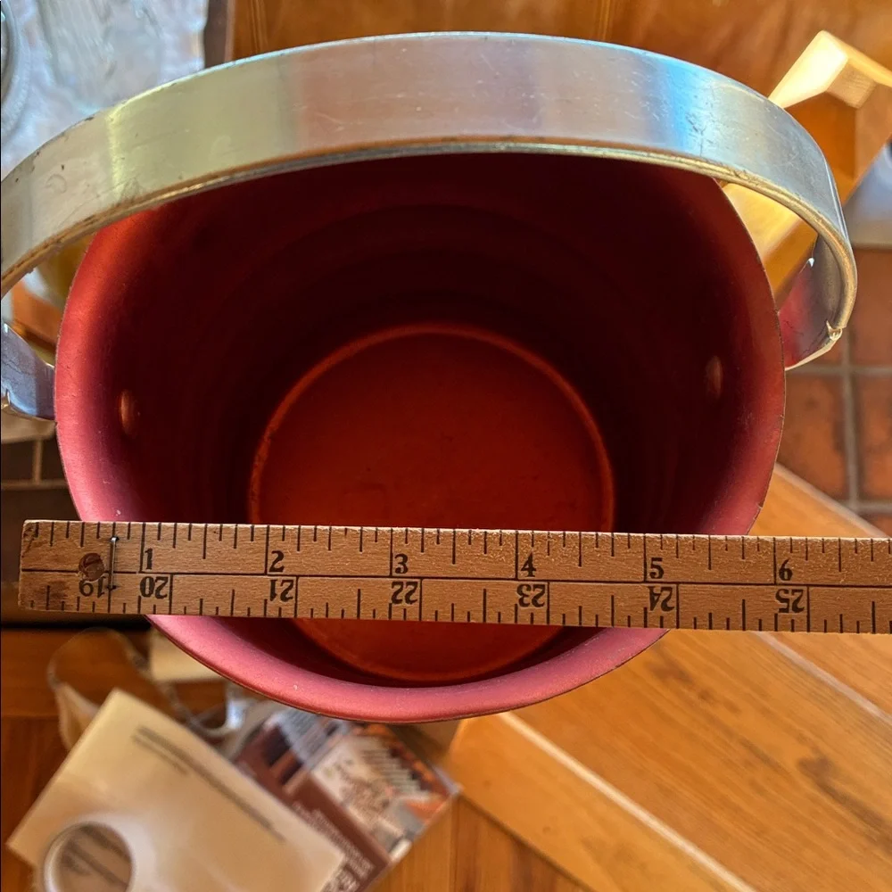 Kromex Red Metal Ice Bucket with Handle Enduringly Beautiful W/ Silver Handle